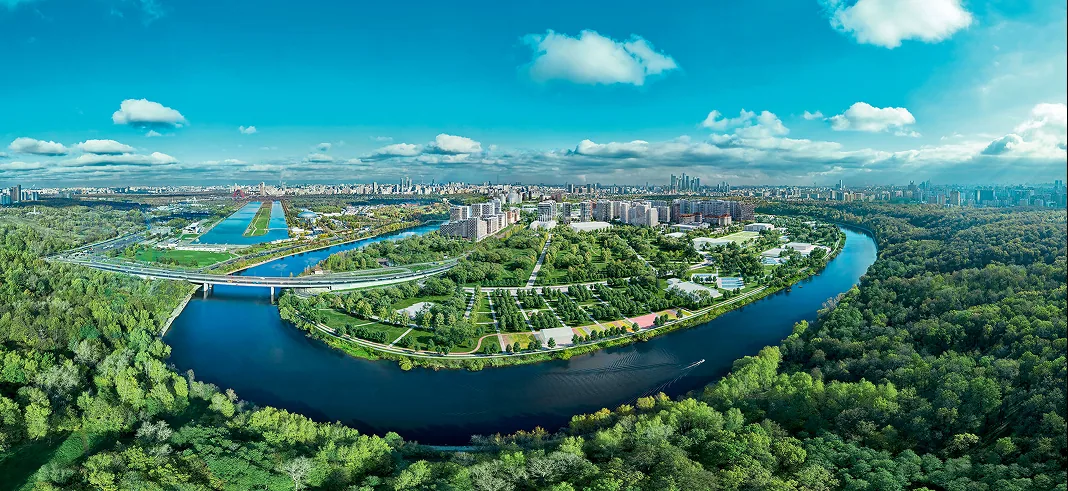 ЖК Остров с высоты: Мнёвниковская пойма в излучине Москвы-реки